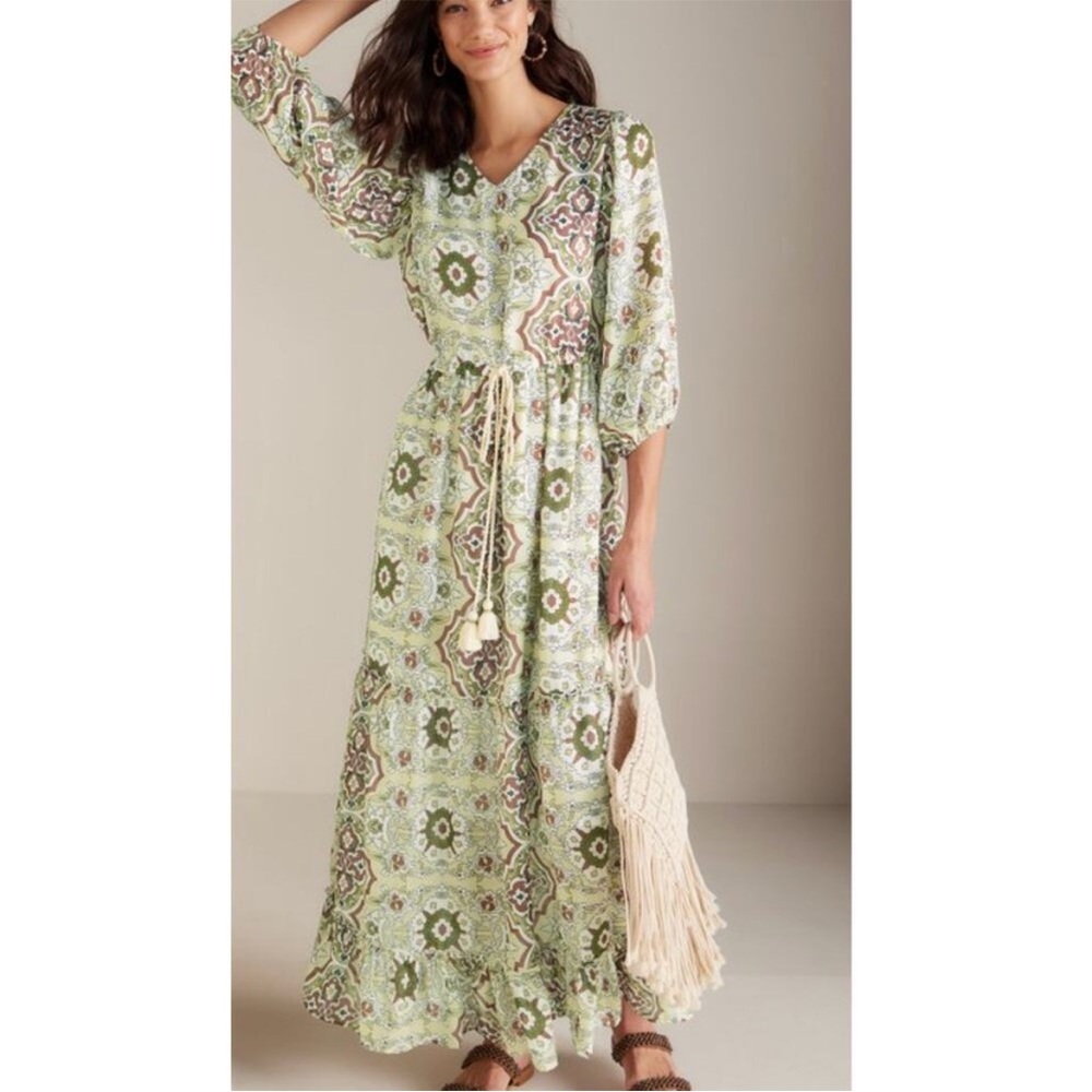 Soft Surroundings Zia Maxi Dress Womens PM 10/12 Balloon sleeve  Tassel NWT boho